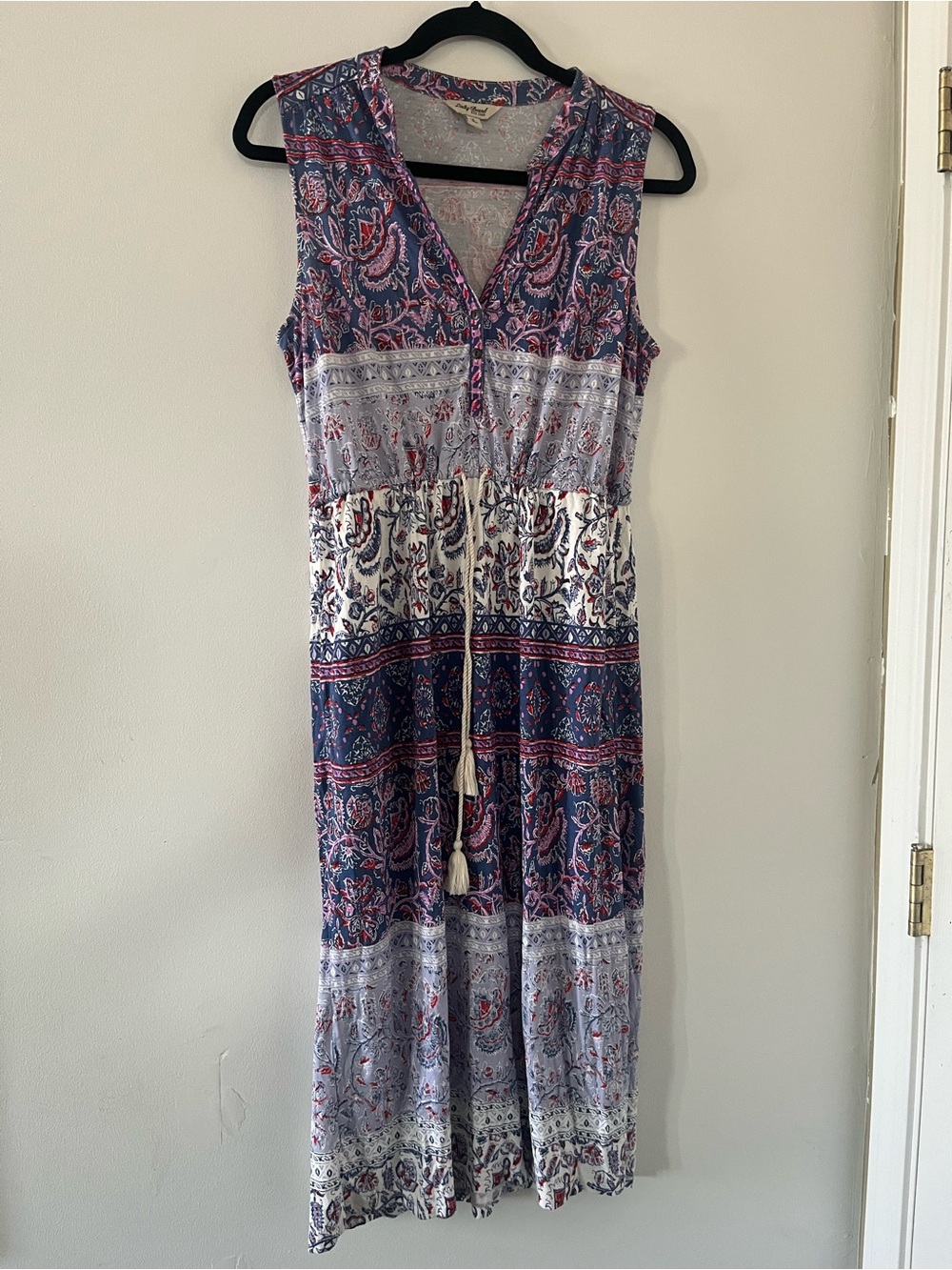 Lucky Brand Blue Red Paisley Midi Dress Small Summer Resort Vacation Beach
